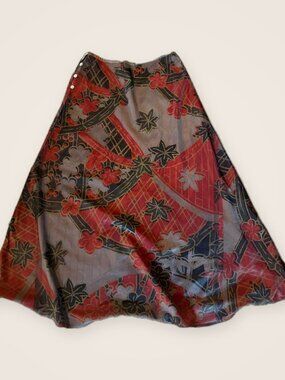 Trosman Churba Kimono Print Long Skirt Red Maple Leaf Vintage Argentina